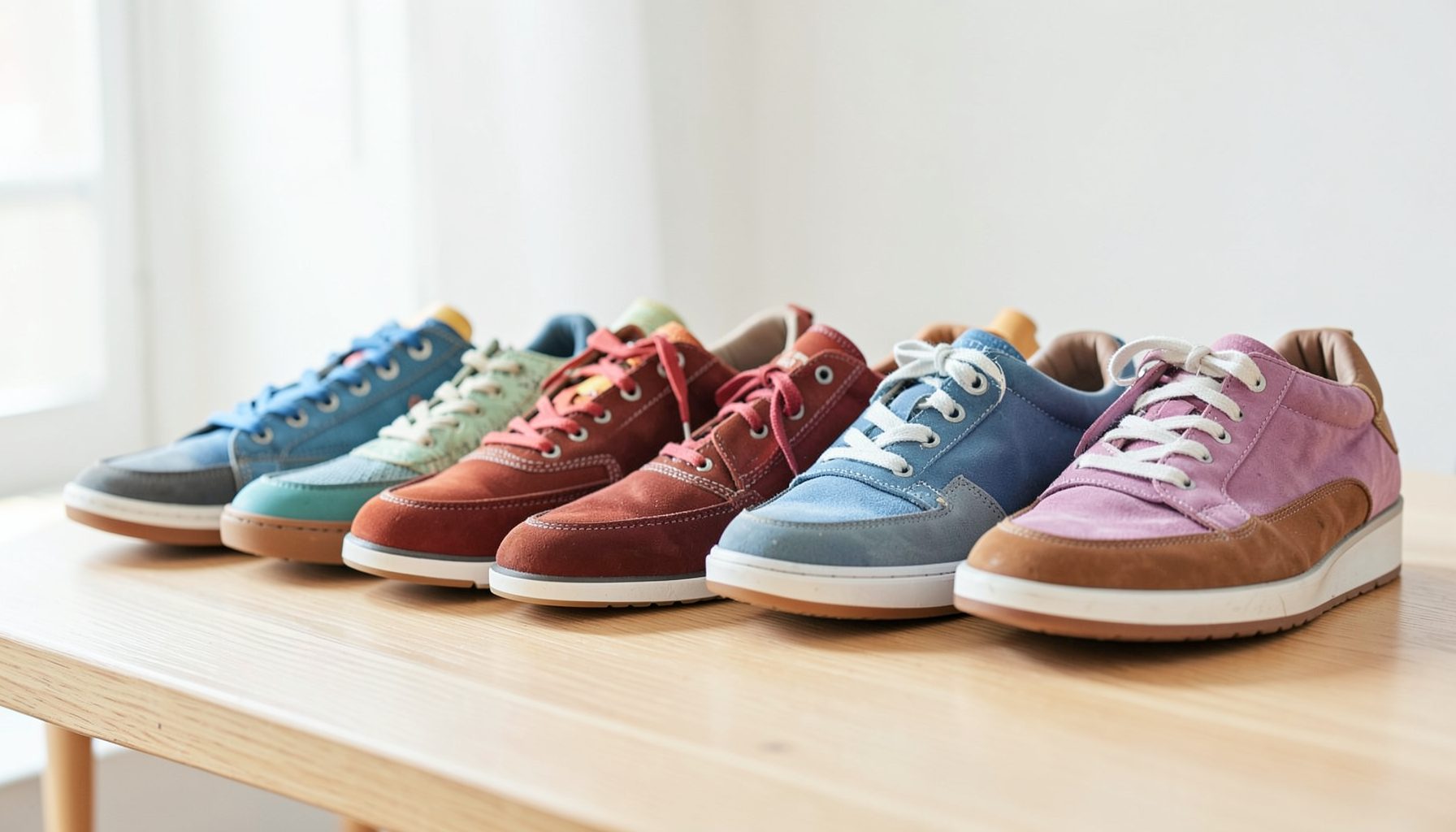 A row of fresh, colorful casual footwear displayed on a light wooden surface, lit by soft warm daylight in a clean, relaxed style