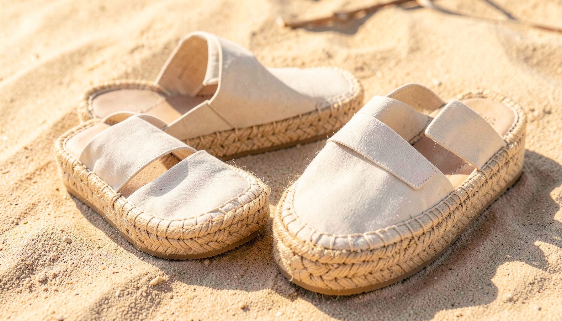 Light-toned espadrilles with woven jute soles arranged on a sunlit surface, giving a warm, summery feel