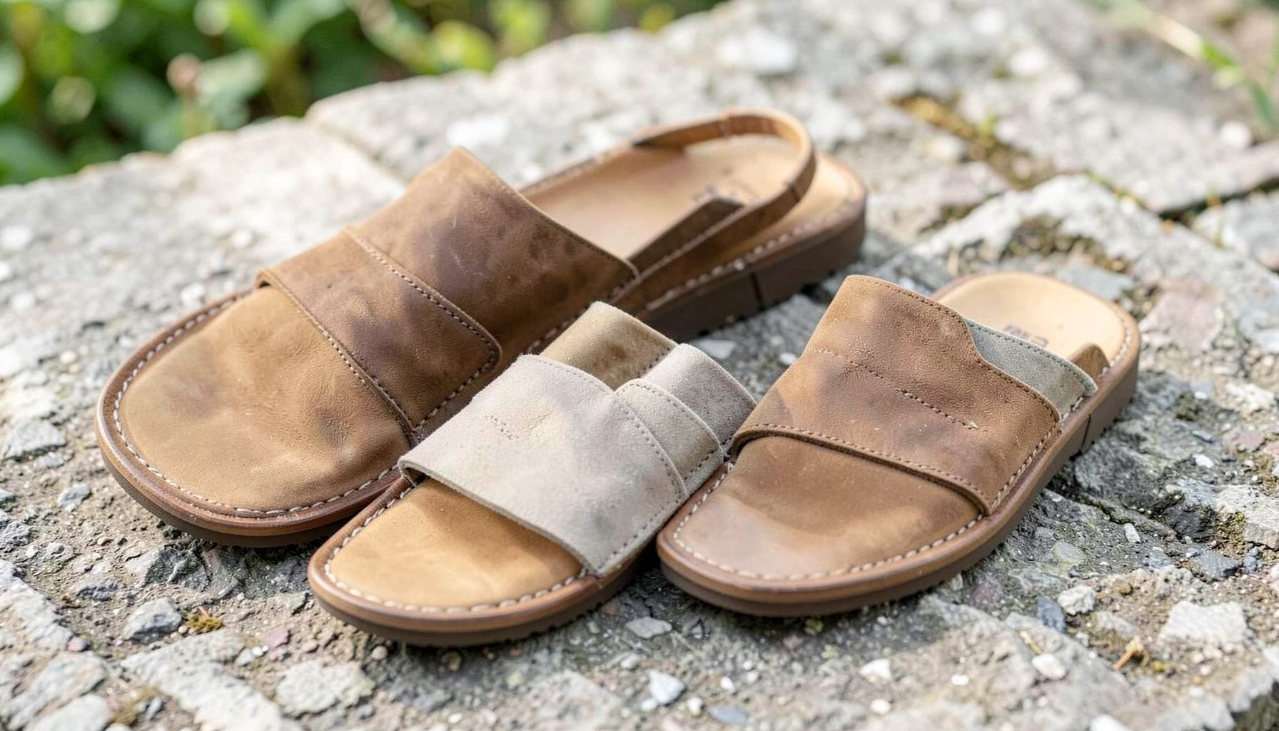 Men's casual sandals in neutral browns and tans, laid out on a textured outdoor surface in soft daylight