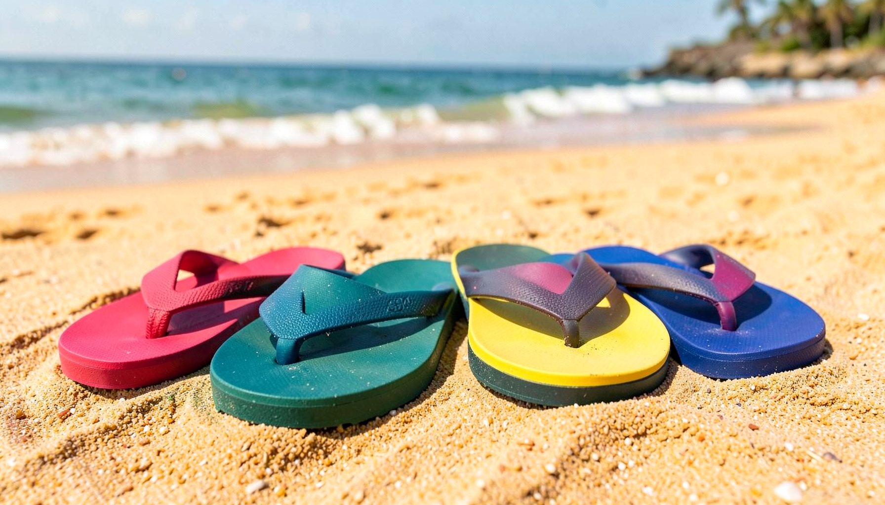Men's flip flops in bold solid colors lined up on warm sand with a beach backdrop