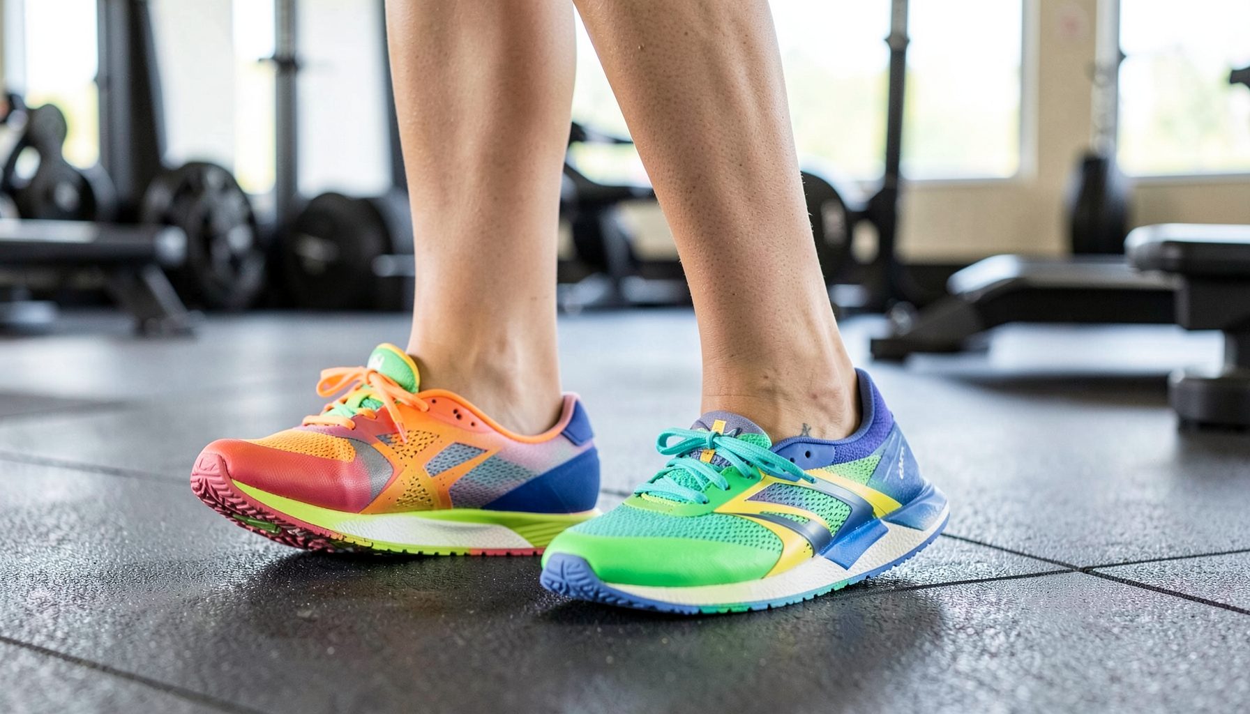 Women's lightweight trainers in bright sporty colors shown on a gym floor with natural light